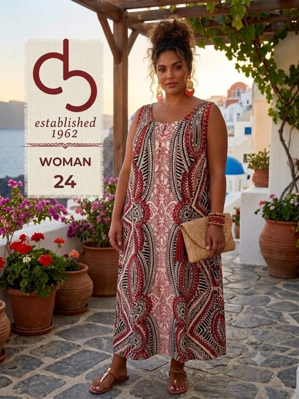DRESSBARN Women's 24 Plus Lined Blood Orange Paisley Boho Geometric Maxi Dress - Picture 1 of 15